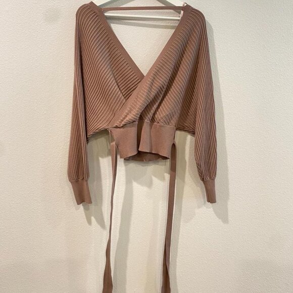 Crossover Tie Open Back Sweater by Love Tree – Light Brown (Size Small) - Picture 2 of 8